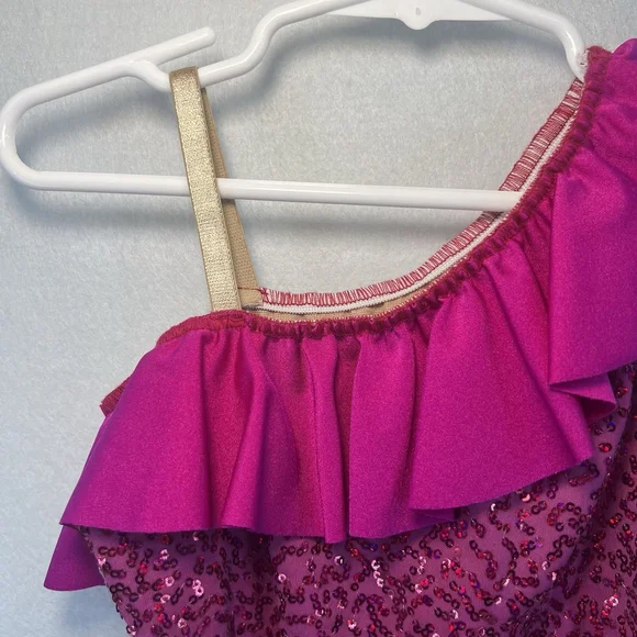 Kids One-Shoulder Dance Leotard Sequins Ruffled Neckline Pink Size Small Child - Picture 4 of 13